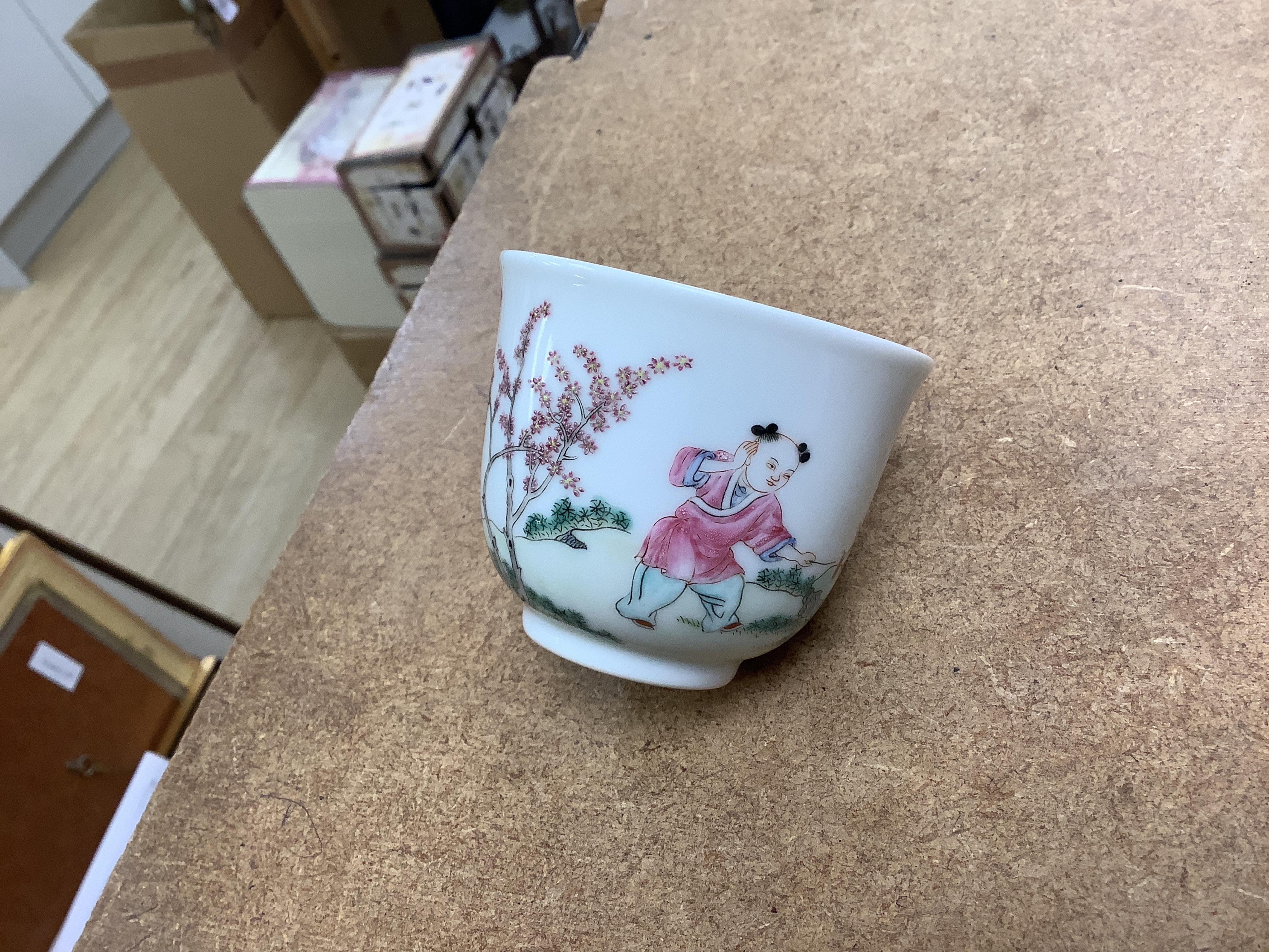 A Chinese famille rose 'boy' cup, Daoguang mark but later, 6cm